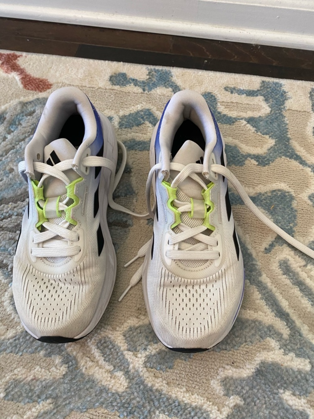 Big Boys size 7 Adidas White Sneakers with indigo blue ombré fade neon accents